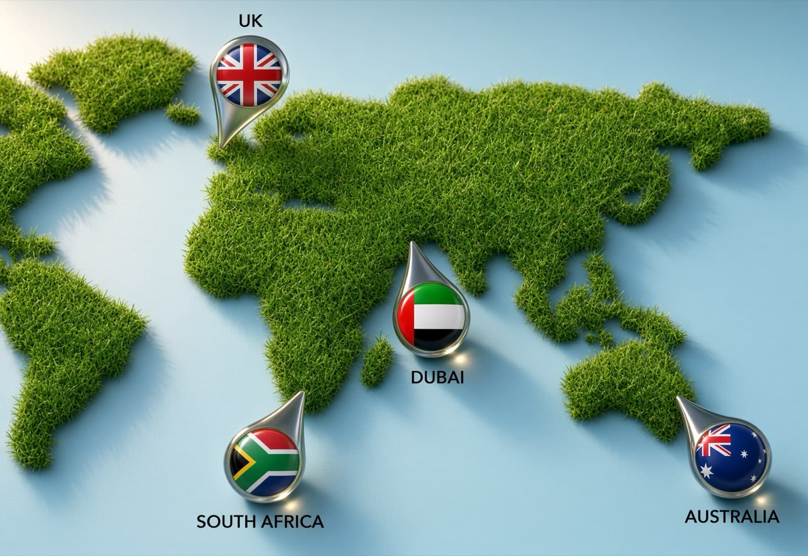 World map illustrating Mazegrass' growth from the UK to Dubai and Perth
