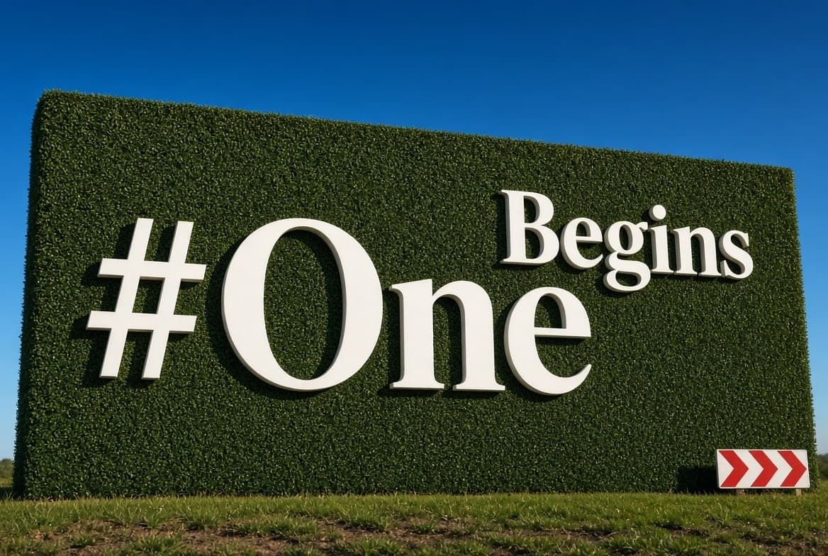 A large artificial grass feature wall used as outdoor signage against a blue sky