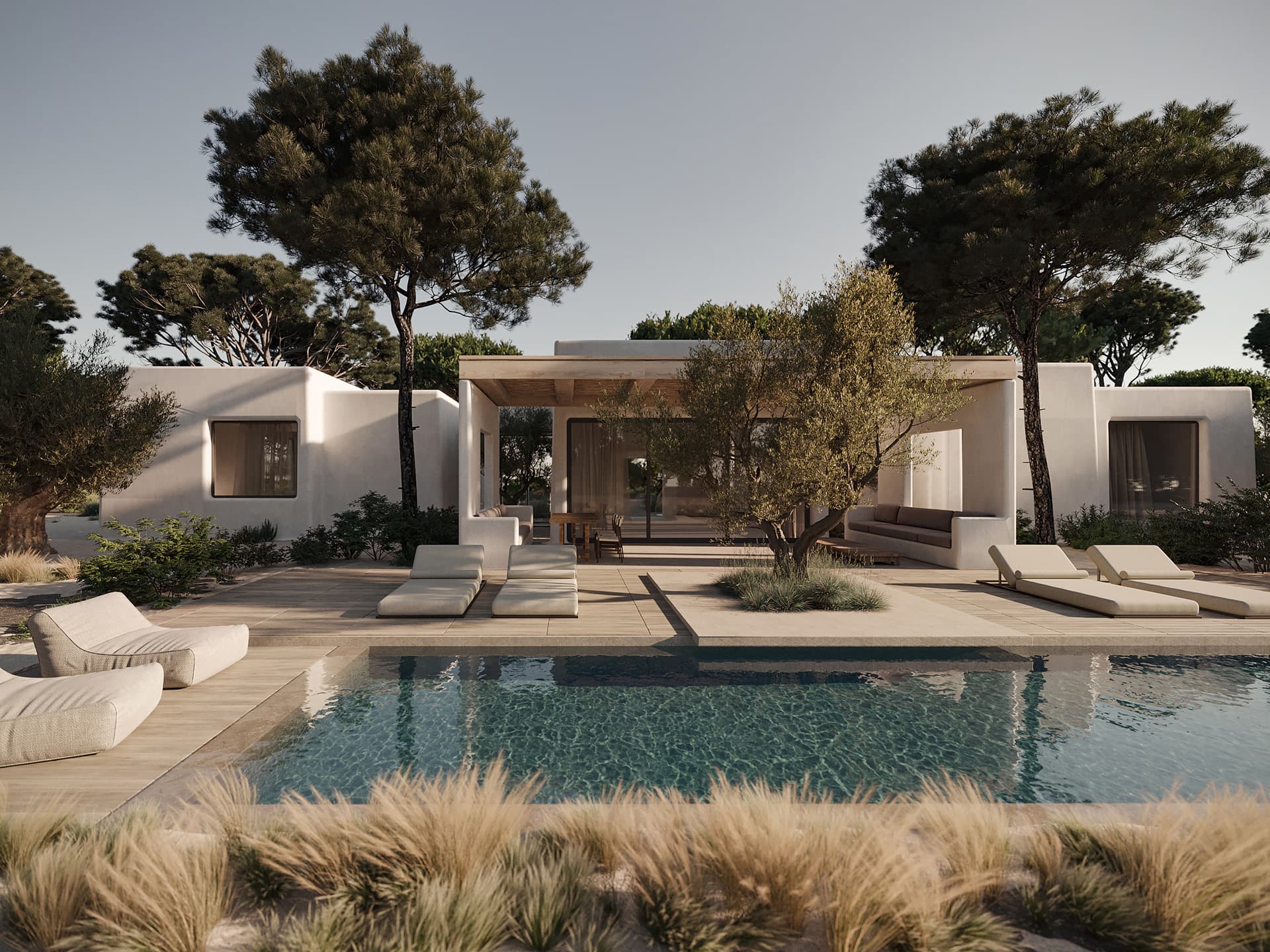 Teodoro — mosaic-tiled villa swimming pool at dusk