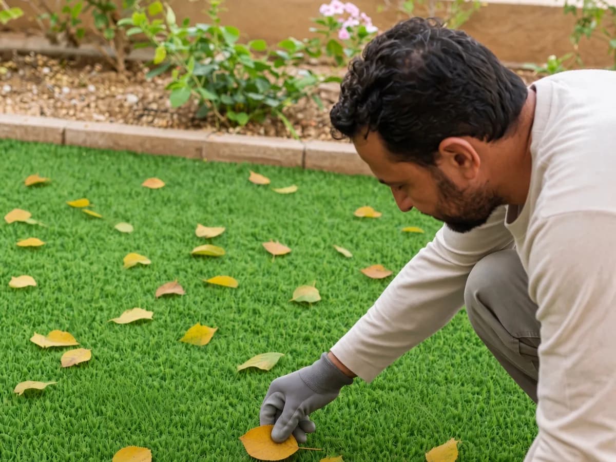 Clearing leaves and debris from a Mazegrass artificial lawn