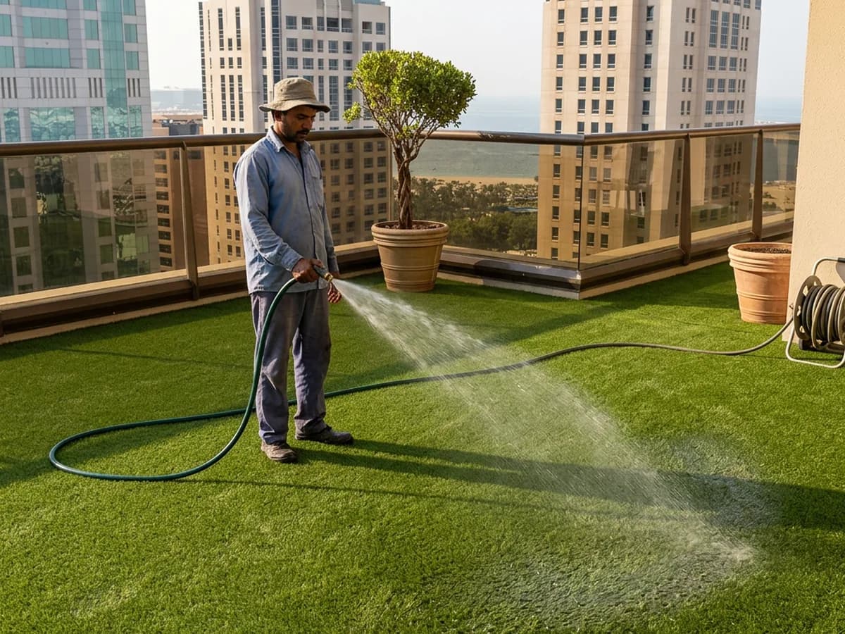 Hosing down a Mazegrass artificial lawn to rinse away Dubai dust