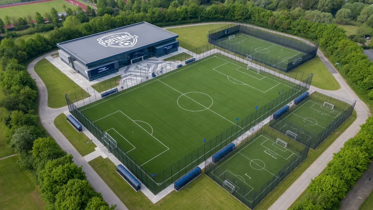 Aerial view of a multi-pitch football academy built on artificial turf