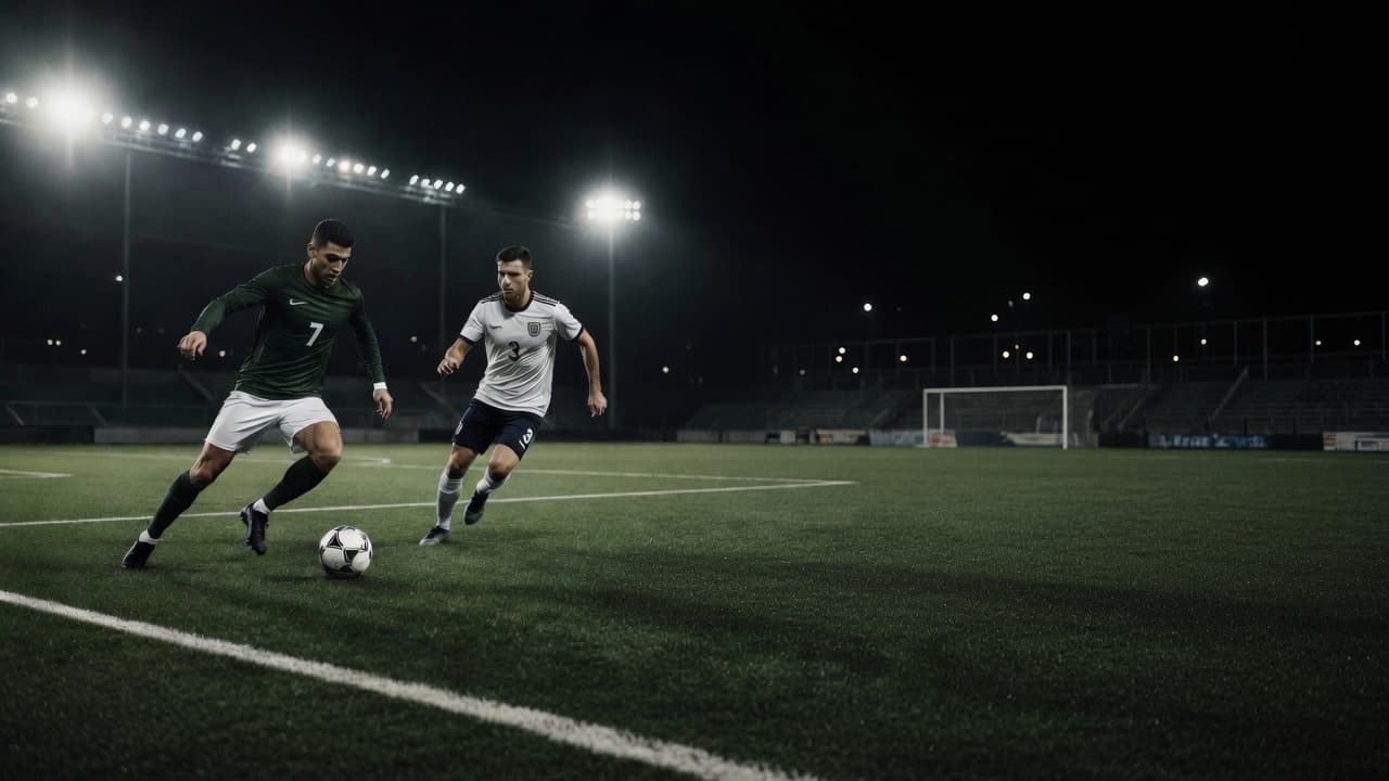 Players competing under floodlights on a professional Maze football pitch