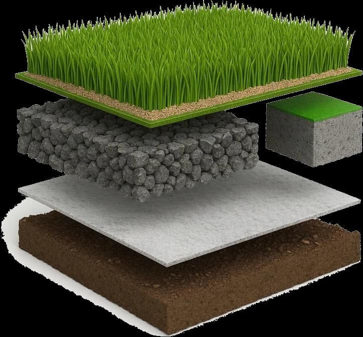 Exploded cross-section of a Maze football pitch showing the turf, infill, shock pad and aggregate base layers