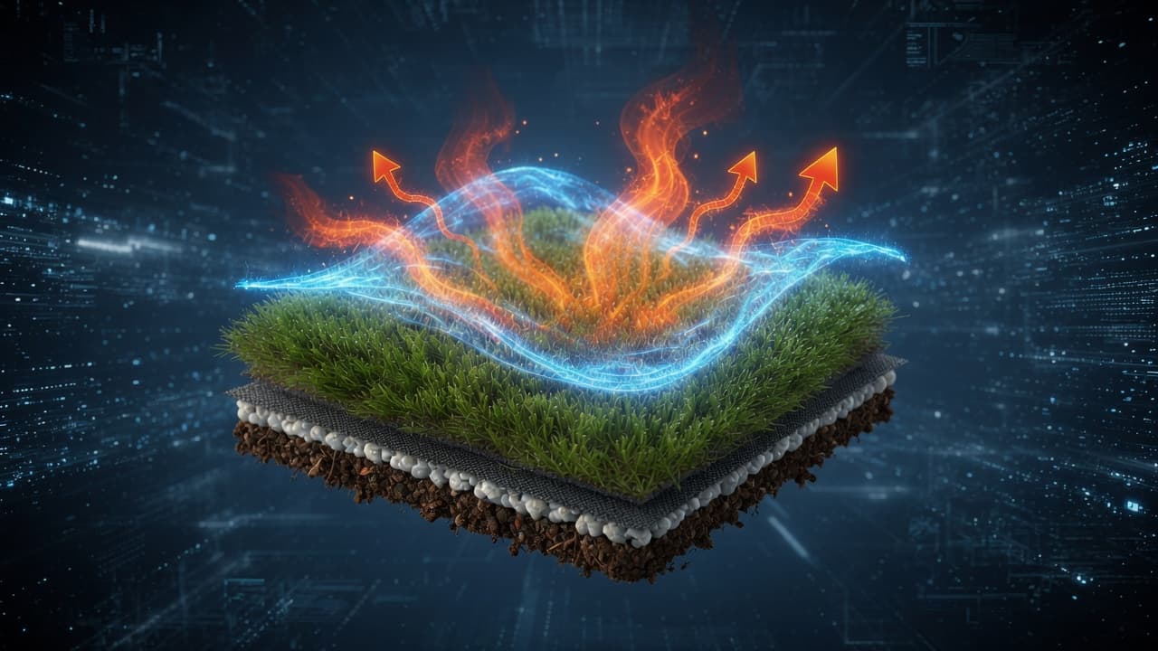 Cross-section of Stay Cool artificial grass reflecting solar energy away from the surface